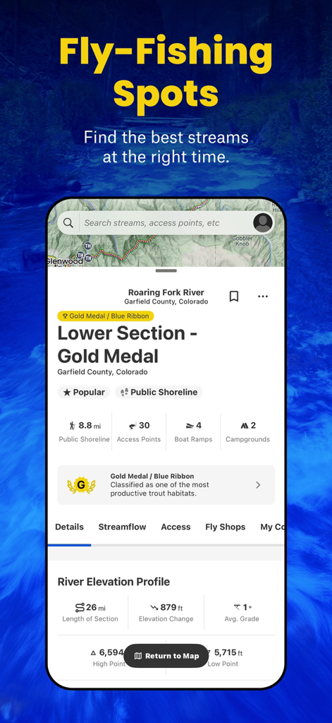 TroutRoutes: Fly Fishing App - TroutRoutes app interface showing fishing spots and detailed data for the Roaring Fork River in Colorado