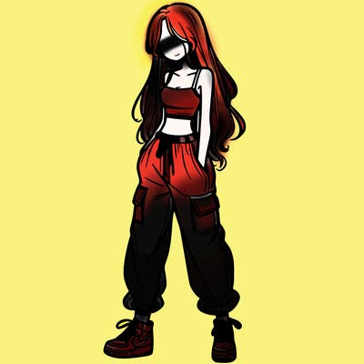 girl in baggy pants crop top and long hair