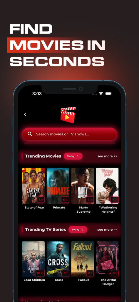 Interface do aplicativo Cineby mostrando filmes e séries populares com uma barra de pesquisa e um tema vermelho escuro