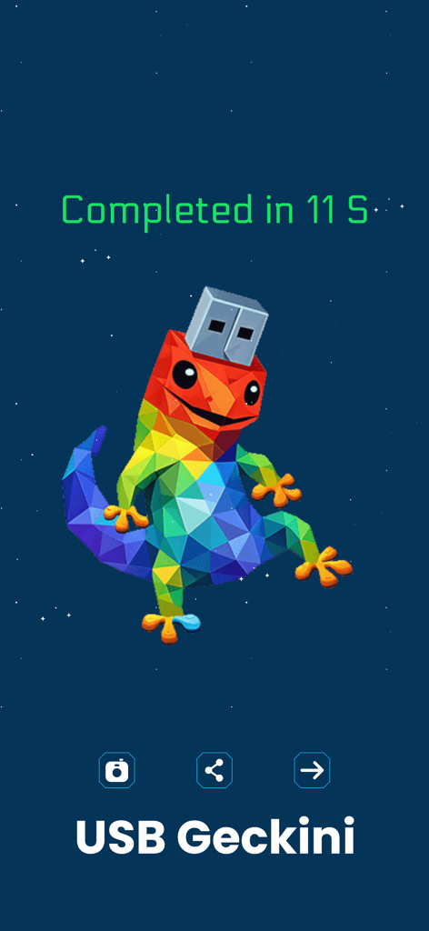 Brainrot Poly333: Retro Puzzle - A completed 3D poly art puzzle of a rainbow colored gecko with a USB head named USB Geckini with a completion time of 11 seconds.