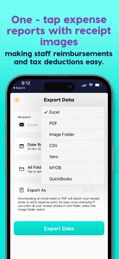 Crunchr – Receipt Saver App - Crunchr app export screen showing various file formats for expense reporting