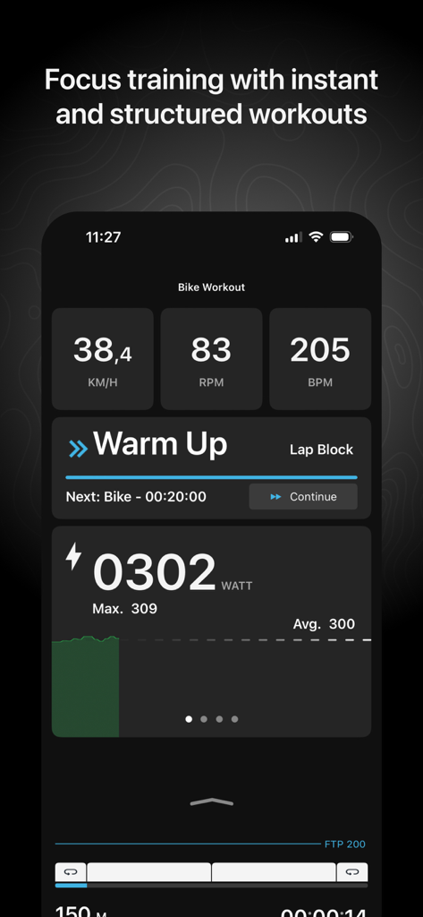 Tacx Training™ - Tacx Training app screen displaying real-time cycling performance metrics and structured workout data
