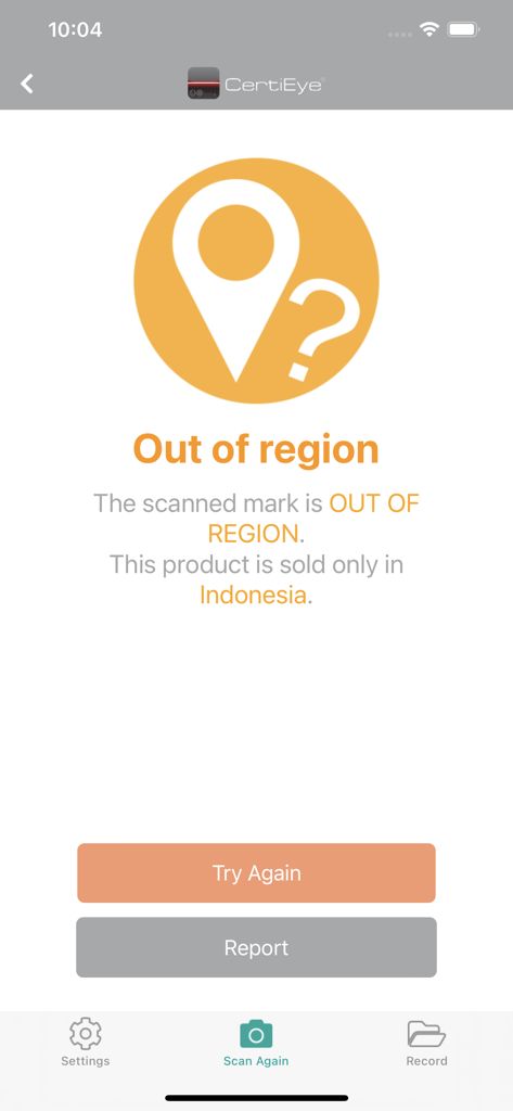 CertiEye mobile app interface displaying an out of region authentication result for a product sold only in Indonesia