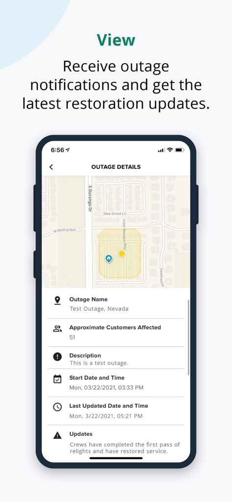 Southwest Gas - Southwest Gas app screen showing outage details and restoration updates with a map view.
