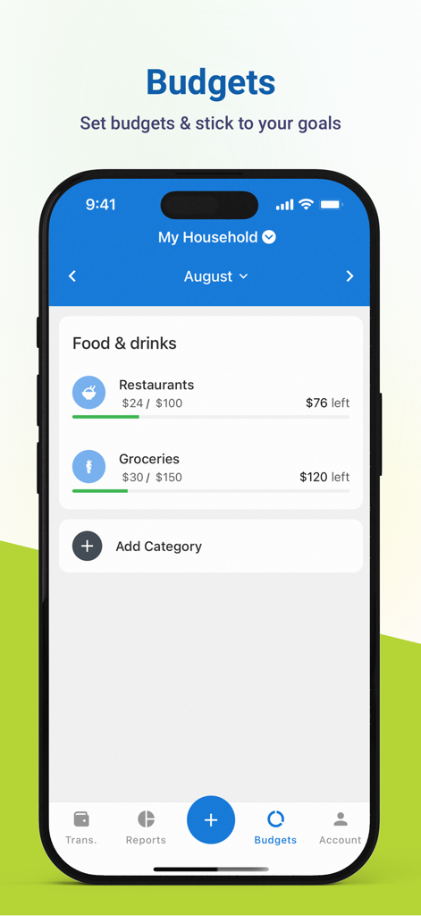 Jamnay app interface showing monthly budget categories for restaurants and groceries with progress bars