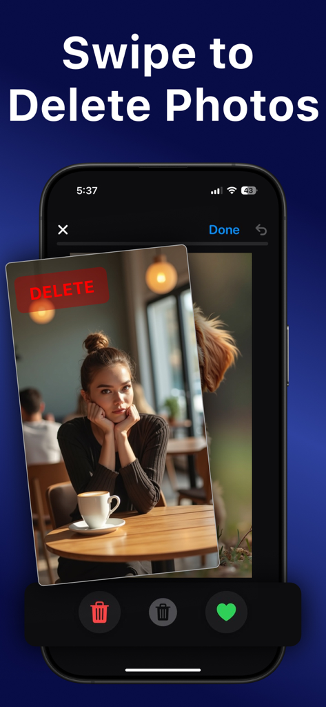 Cleaner AI - Clean Up Storage - Mobile app interface showing the swipe to delete photos feature for cleaning storage