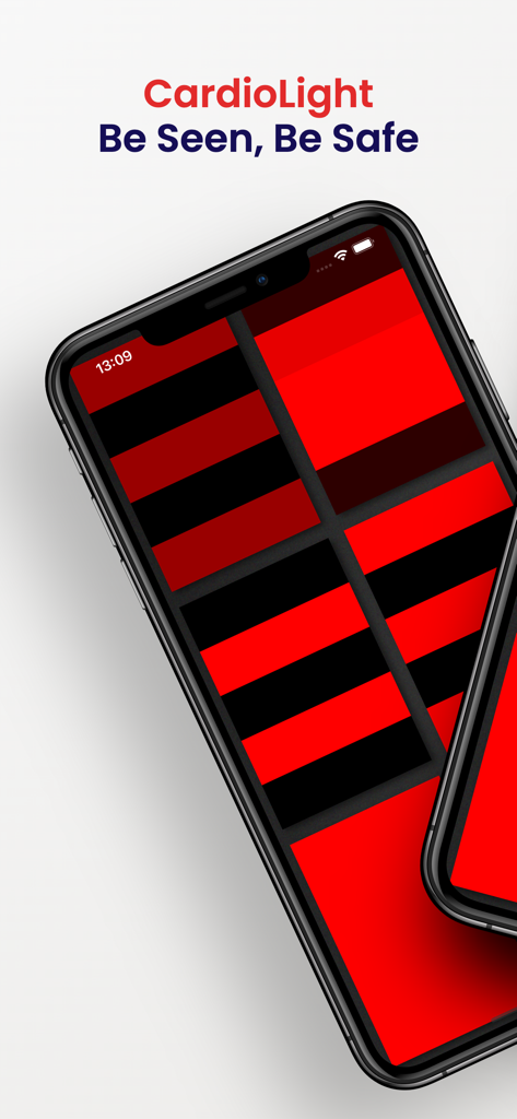 CardioLight: Run & Bike Safety - iPhone screen displaying red and black pulsing safety light patterns from the CardioLight app