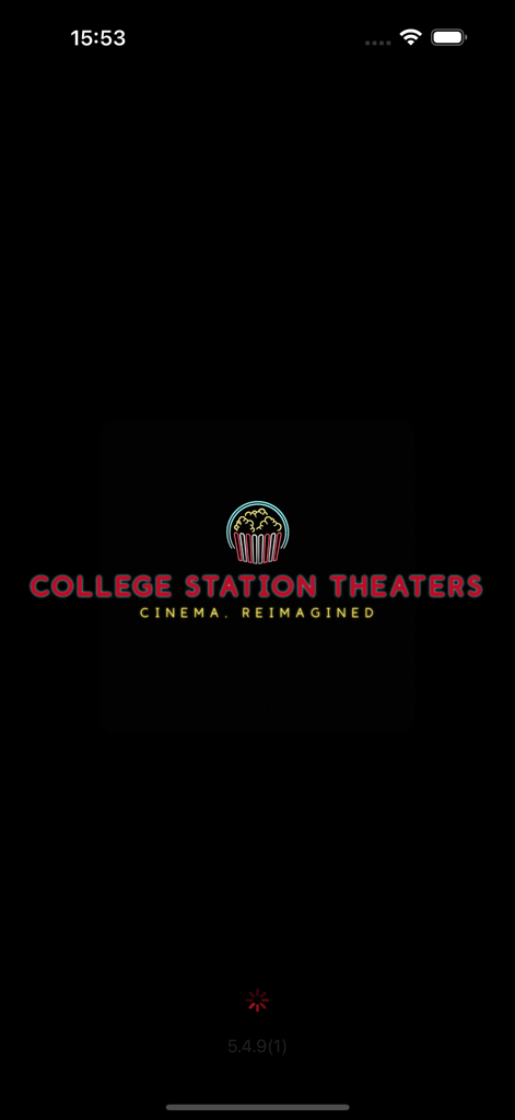 Launch screen of the College Station Theaters app featuring the logo and slogan Cinema Reimagined