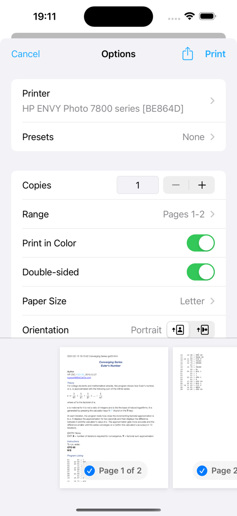 Écran d'options d'impression iOS montrant un aperçu du code de programme pour l'application de calculatrice GO-25 SciRPN