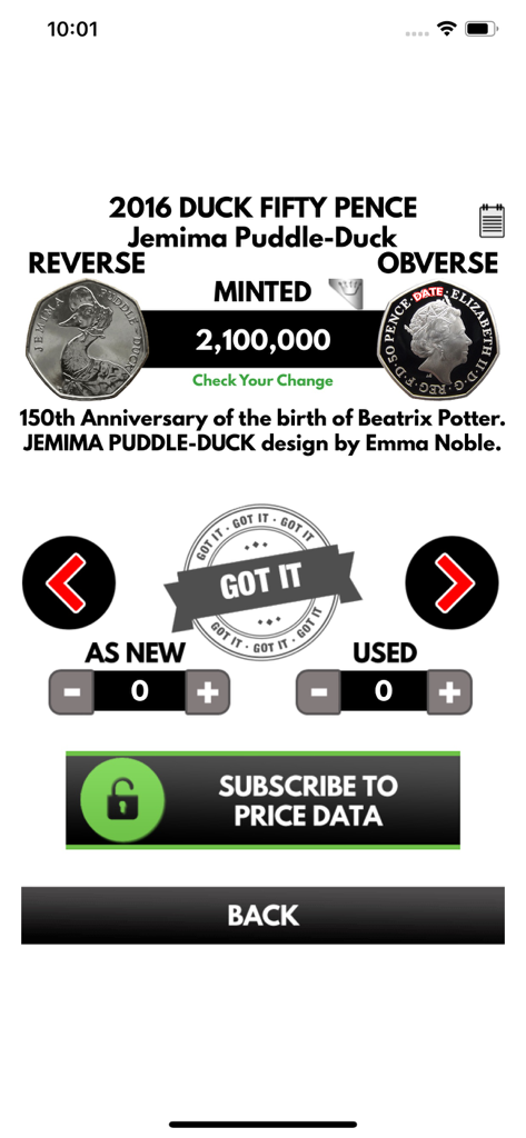 Check Your Change - App screen showing mintage and collection details for the Jemima Puddle-Duck fifty pence coin
