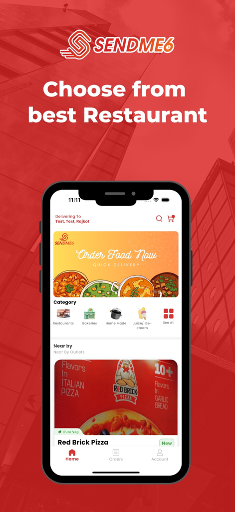 Sendme6 - Interfaz de la aplicación Sendme6 que muestra opciones de restaurantes locales y categorías de entrega de alimentos