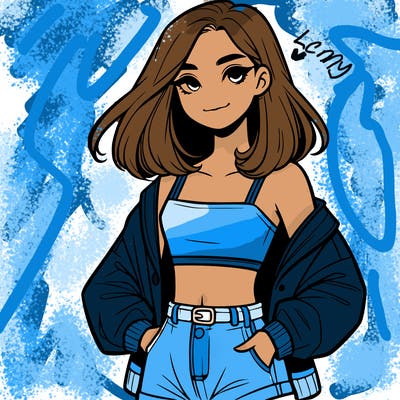 a realistic girl with a crop top and short shorts in an open jacket