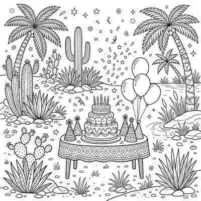 Discover a one-of-a-kind celebration with our Desert Springs Birthday Party coloring page. This intricate design blends festive birthday elements with the serene beauty of a desert oasis, offering a truly unique artistic adventure.
