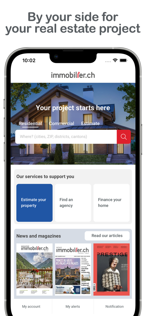 Mobile app home screen for the immobilier ch real estate platform in Switzerland