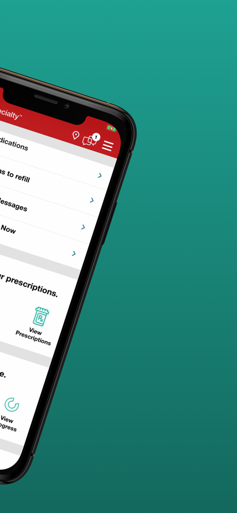 CVS Specialty mobile app dashboard showing prescription management and care team messaging features