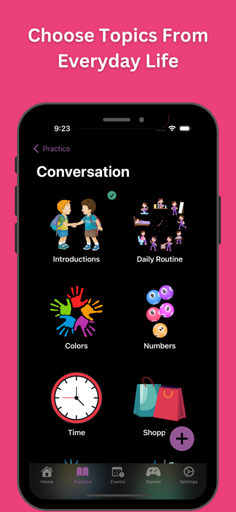 iPolyglot: Learn Language AI - iPolyglot app interface showing conversation topics for everyday life practice