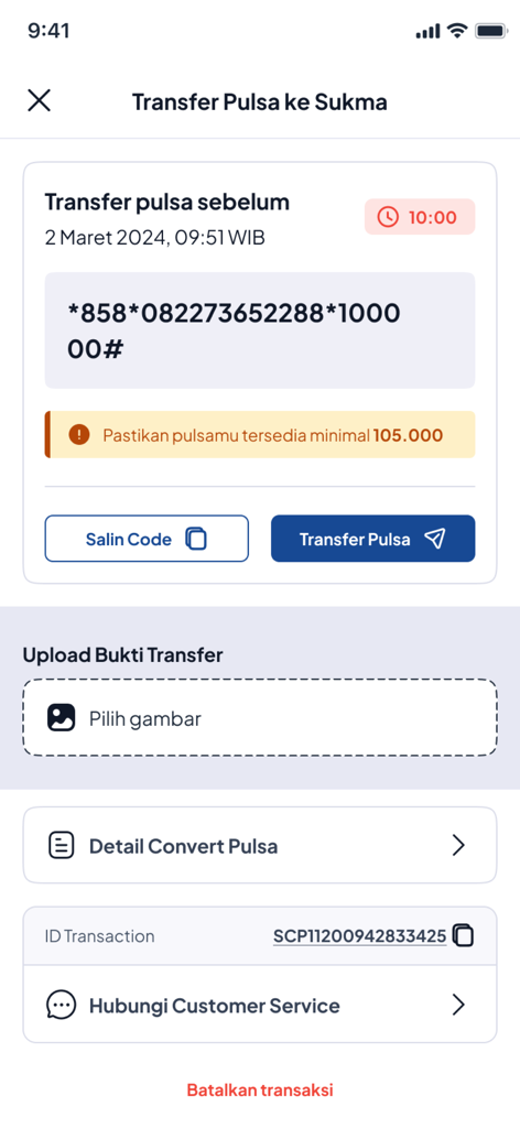 Mobile app screen showing USSD code and instructions to transfer credit for conversion in the Sukma Convert app