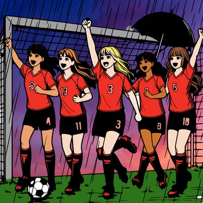realistic teenage girls soccer team winning a tournament in the rain