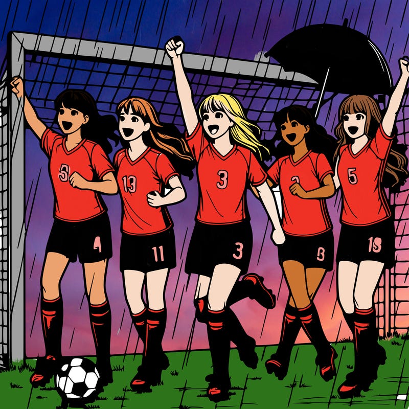 realistic teenage girls soccer team winning a tournament in the rain