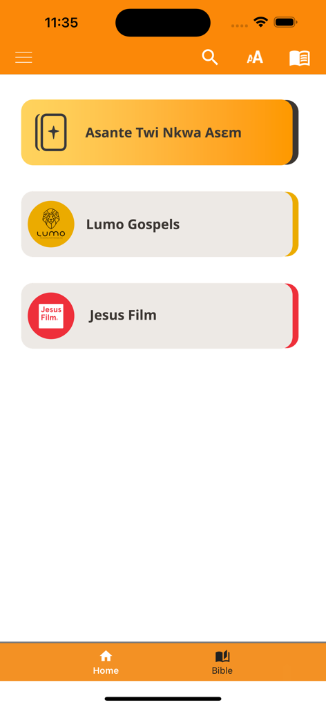 The home screen of the Asante Twi Bible app featuring options for the Twi Bible, Lumo Gospels, and Jesus Film.