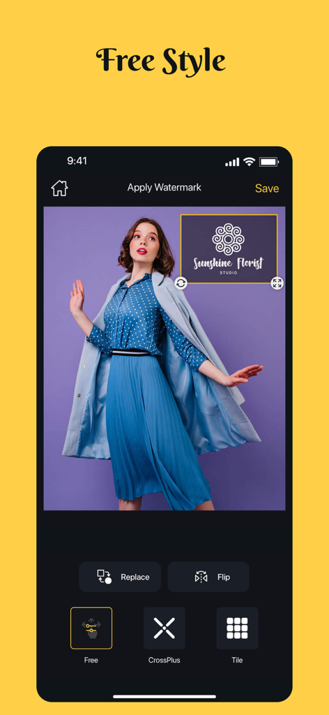 Add Watermark -Batch Process - Mobile app interface showing a custom florist logo watermark being positioned on a fashion photograph