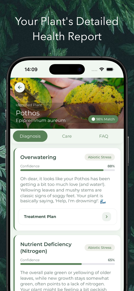 Plant Doctor: AI Disease ID - Interfaz de la aplicación Plant Doctor mostrando un informe de salud detallado con diagnósticos de riego excesivo y deficiencia de nitrógeno en una planta Potos