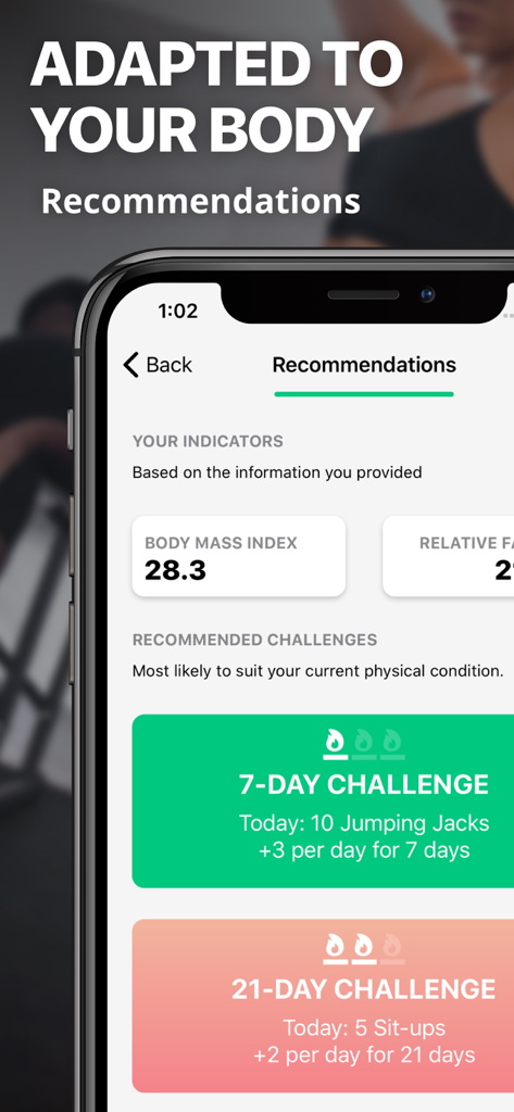30 Day Fitness Workout at Home - Personalized workout recommendations based on BMI showing daily fitness challenges