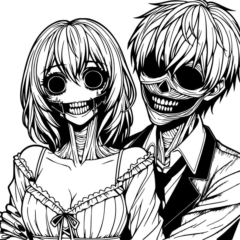 realistic scary creepy girl and boy couple romance horror anime