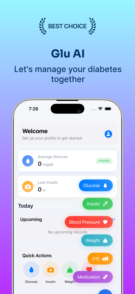 Glu AI: Smart Glucose Tracker - Dashboard of Glu AI app showing blood glucose levels and insulin tracking tools