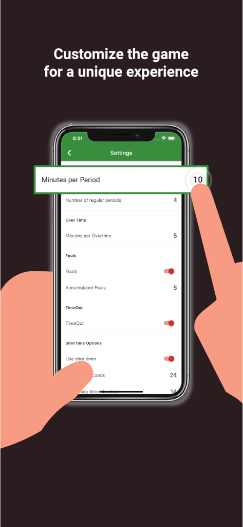 Scoreboard Basket - A mobile phone displaying the customization settings menu of the Scoreboard Basket app for managing basketball game rules