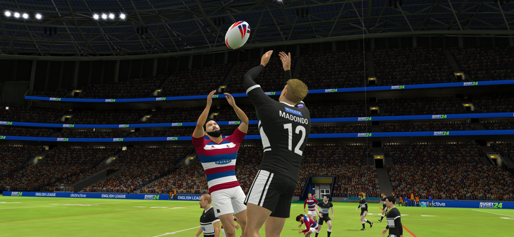 Rugby League 24 - Two players jumping for a contested catch in a crowded rugby stadium