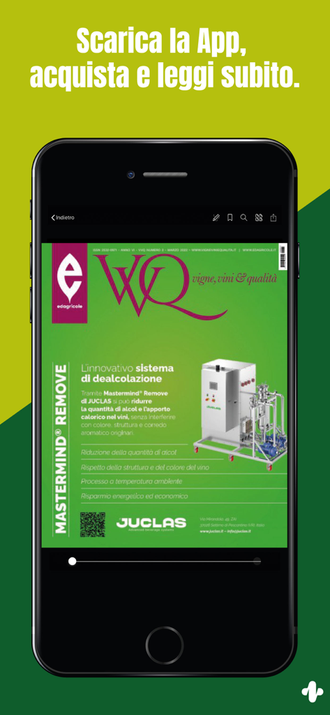 Smartphone mostrando la portada de la revista digital VVQ Vigne Vini e Qualita con artículos técnicos sobre elaboración de vinos