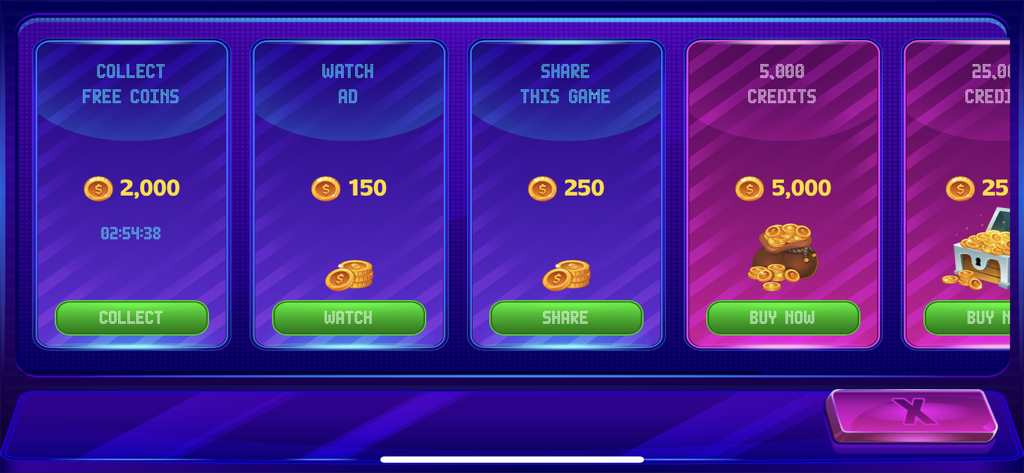 Il negozio di gioco di VideoPoker+ che mostra ricompense di monete gratuite e opzioni di acquisto di crediti.