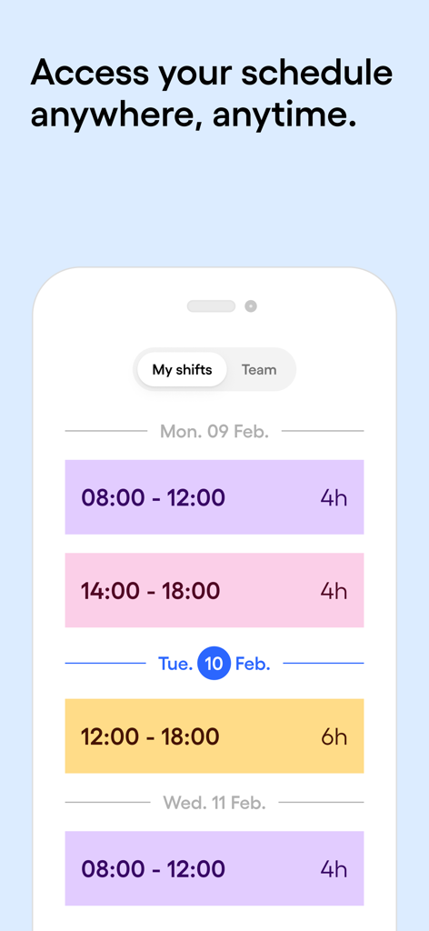Écran de l'application mobile Skello montrant un planning de travail journalier et hebdomadaire pour les employés