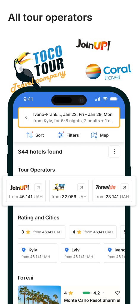 XO Pulse - XO Pulse mobile app interface for searching tours from multiple European operators