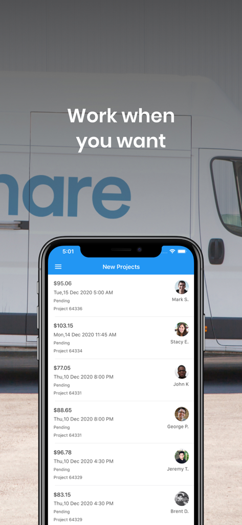 GoShare Driver: Earn Money - GoShare Driver app showing a list of available delivery projects with estimated earnings