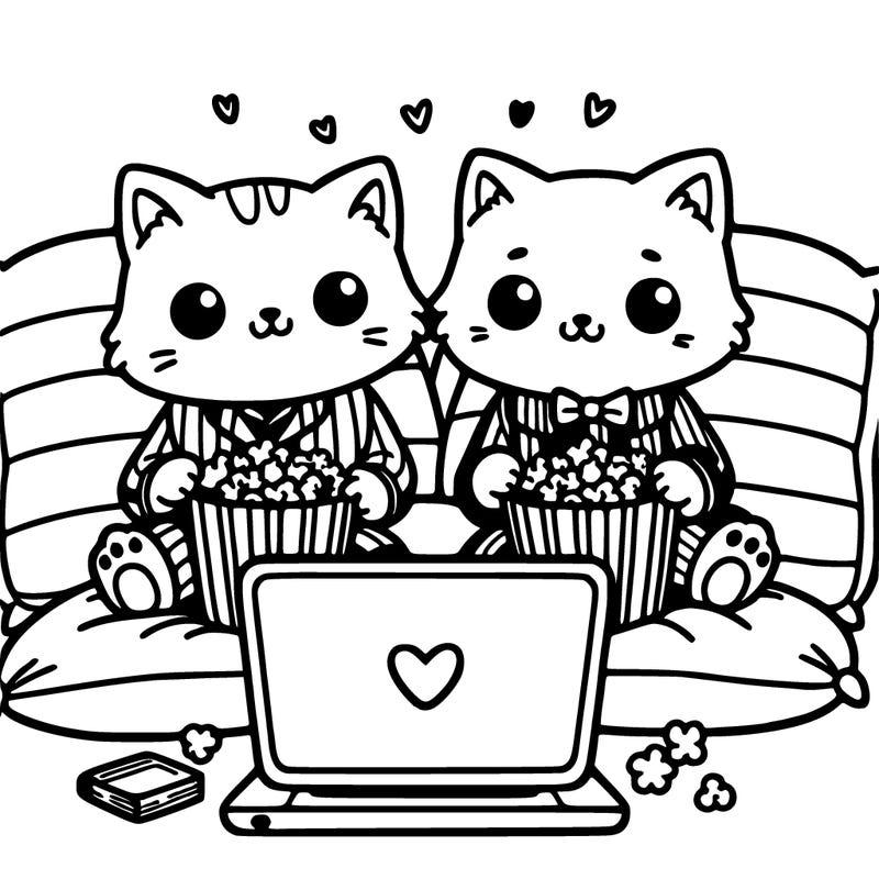 two cats wearing pajamas, sitting on cushions, sharing popcorn, and watching a movie on a laptop