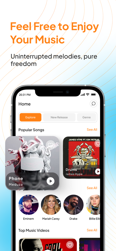 Tubidy : Music, Videos, Songs - Pantalla de inicio de la aplicación de música Tubidy con canciones y artistas populares