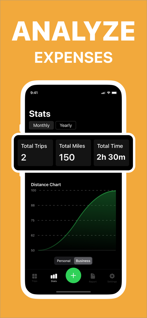 mile tracker car - Una pantalla de estadísticas en la aplicación de rastreo de kilometraje que muestra el total de viajes, las millas recorridas y un gráfico de distancia para el análisis de gastos.