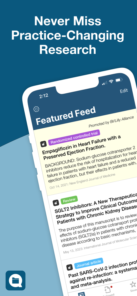 Read by QxMD - A smartphone screen showing the Read by QxMD app featured feed with various medical research articles and clinical trials