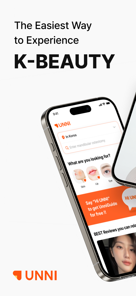 UNNI app interface showcasing K-Beauty treatments and verified patient reviews