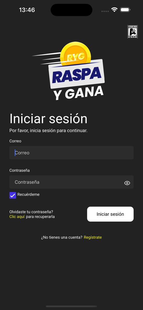 Pantalla de inicio de sesión de la app Raspa y Gana con campos de correo electrónico y contraseña en español.