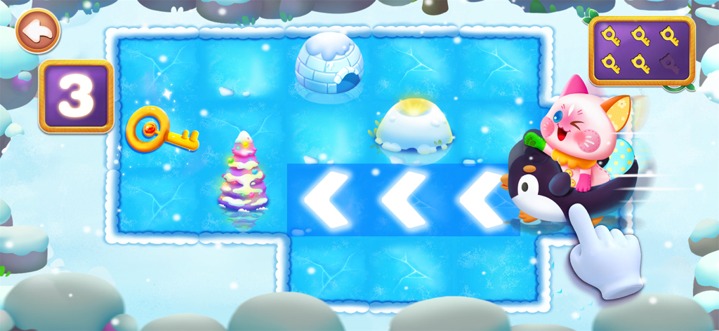 Little Panda's Kitty World - A pink kitten riding a penguin on a winter themed ice puzzle level with a key and a christmas tree