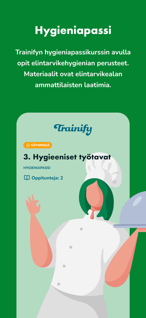Trainify - Interfaz de la aplicación Trainify que muestra un curso de certificación de pase de higiene con una ilustración de chef.