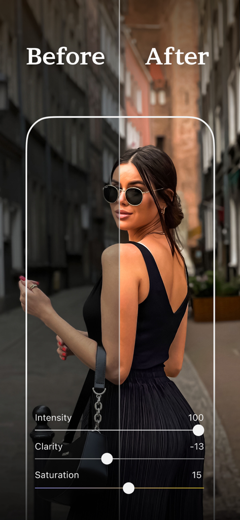 Comparaison côte à côte avant/après d'une photo de portrait modifiée avec les presets Lightroom FLTR, mettant en évidence les ajustements d'intensité, de clarté et de saturation.