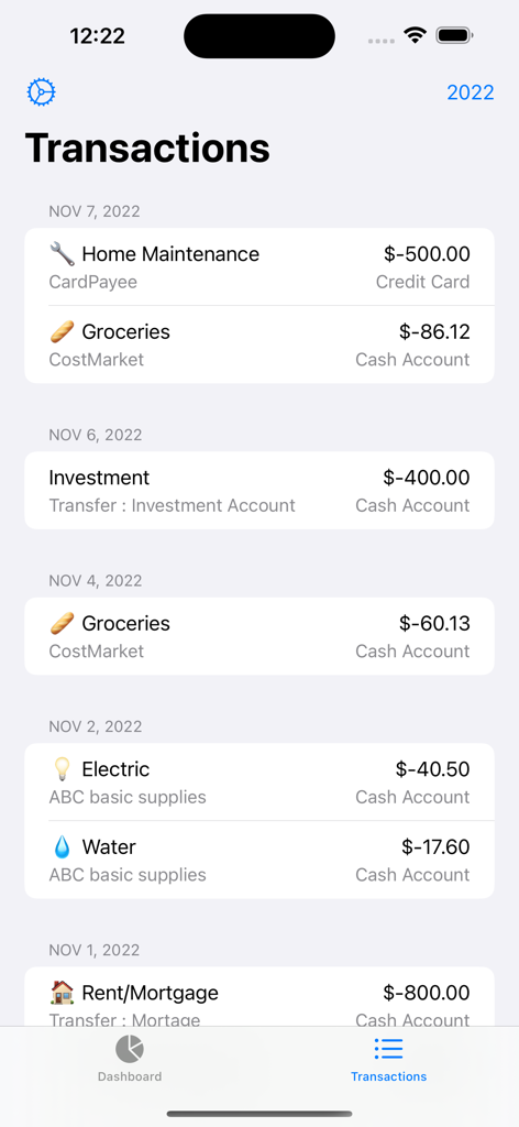 A detailed list of financial transactions categorized by spending type in the Stats for YNAB app.