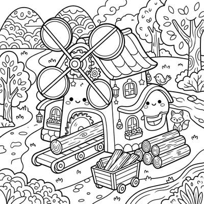 Step into a world where industrial charm meets adorable cuteness with this unique Kawaii sawmill windmill coloring page. This delightful scene invites you to color a cheerful timber mill and its friendly forest surroundings.