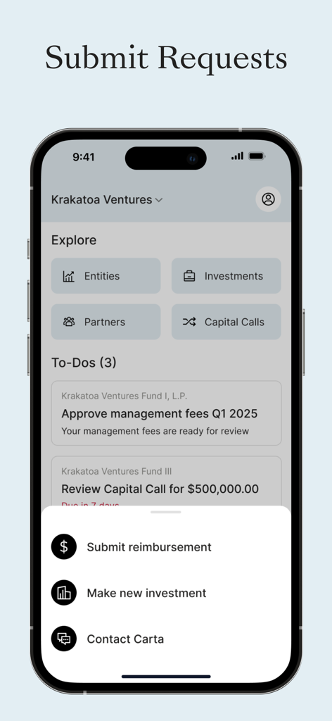 Carta Carry mobile app interface showing fund management tasks and a submit requests menu