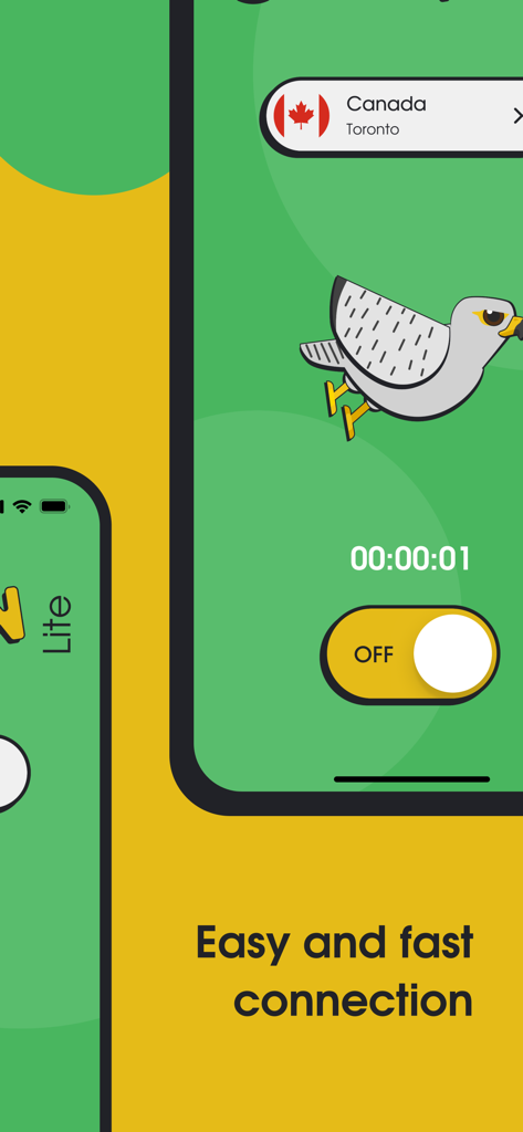 Interface of VPN Lite app showing a falcon mascot and a toggle for easy and fast connection