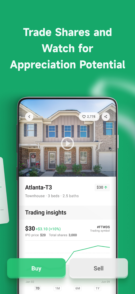 Mobile app screen showing real estate share trading with property details and buy sell buttons
